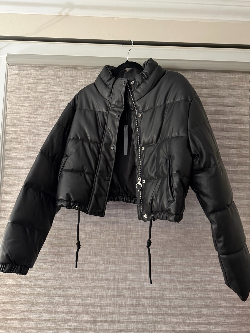 Cropped Black Faux-Leather Puffer Jacket - Women's